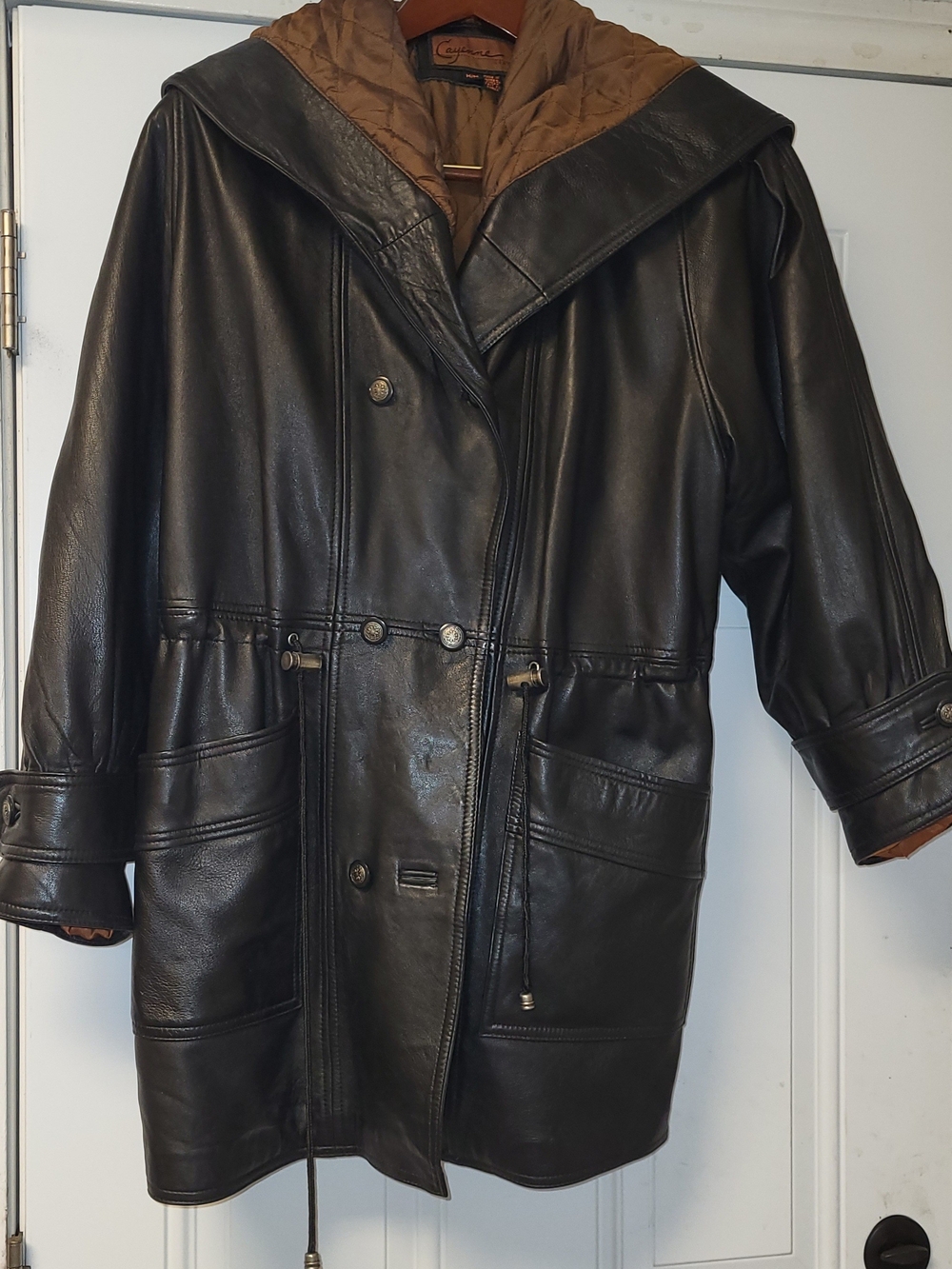 Vintage 1980 Wilsons Leather Black Hooded Leather Coat with Brown Lining